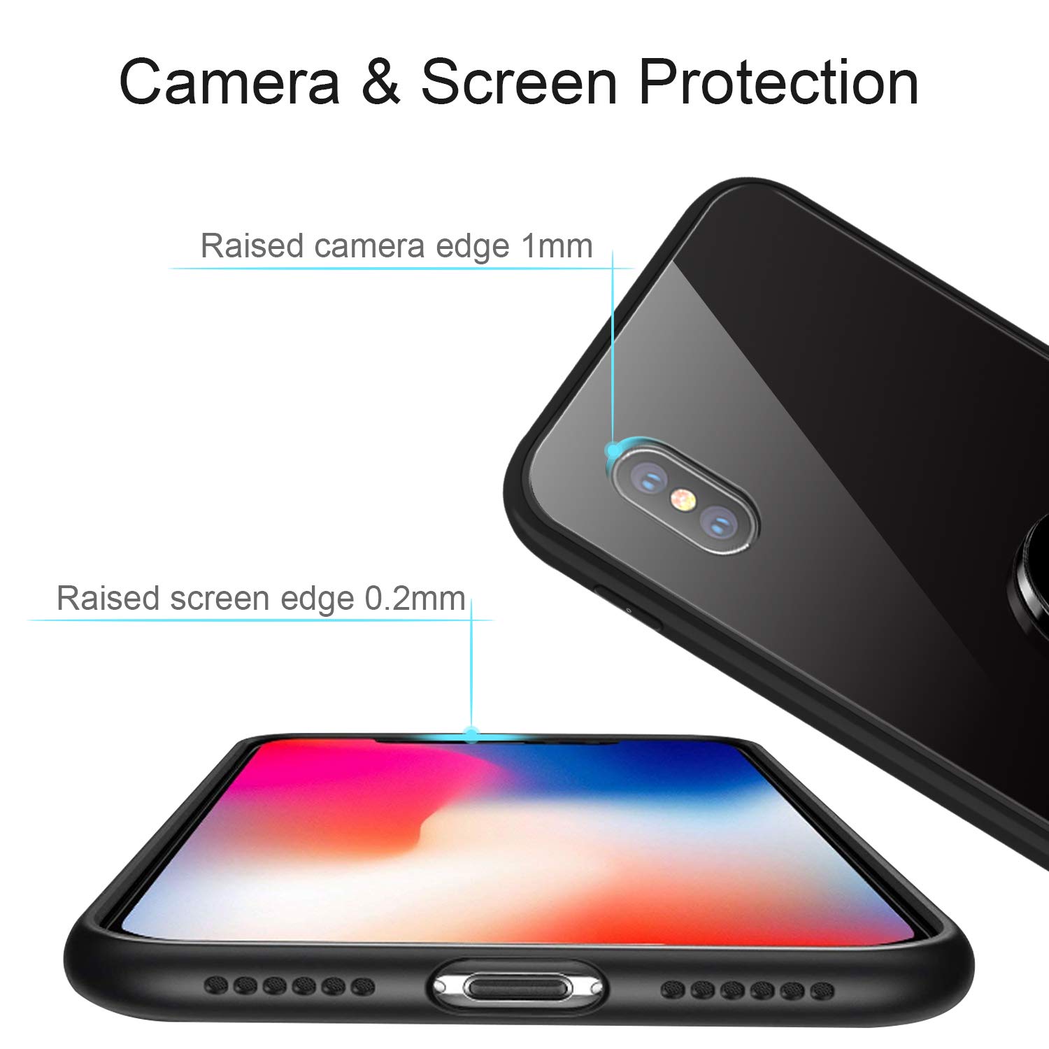 HBorna iPhone X Hülle，Kratzfest Gehärtetes Glas Rückschale Schutzhülle & Schutzfolie TPU Bumper mit 360 Grad drehbarer Ring Ständer for Apple iPhone X, iPhone 10 (Schwarz)