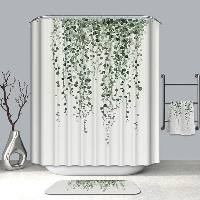 Eucalyptus Shower Curtain, White Backdrop Green Vine Fern