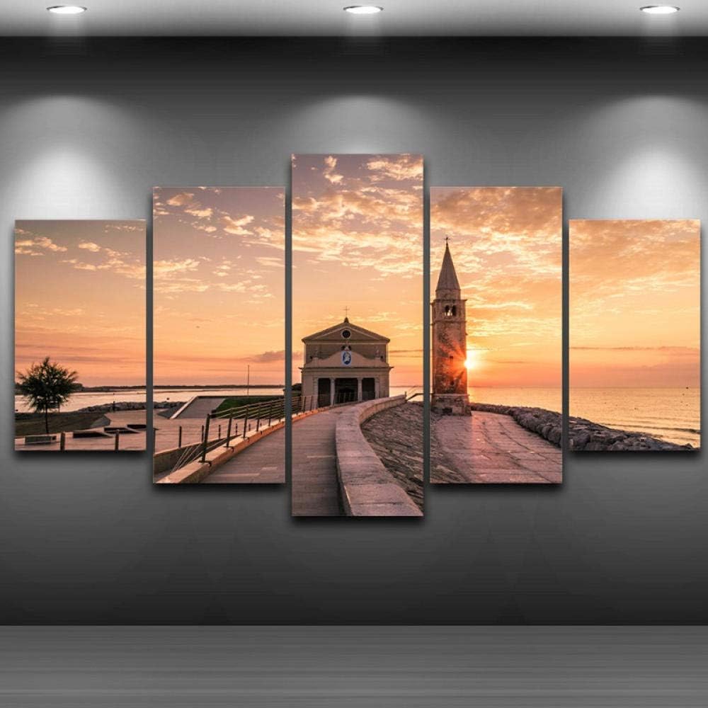 Igzaker Canvas Prints Pictures Wall Art 5 Pieces No Frame Harbour Bridge Tower Paintings Church Poster Home Decor@40X60,40X80,40X100Cm