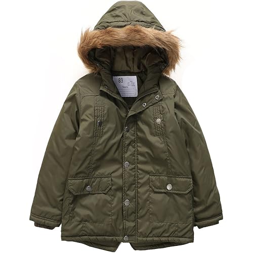PHIBEE Boys' Winter Windproof Cotton Faux Fur Hooded Parka Jacket