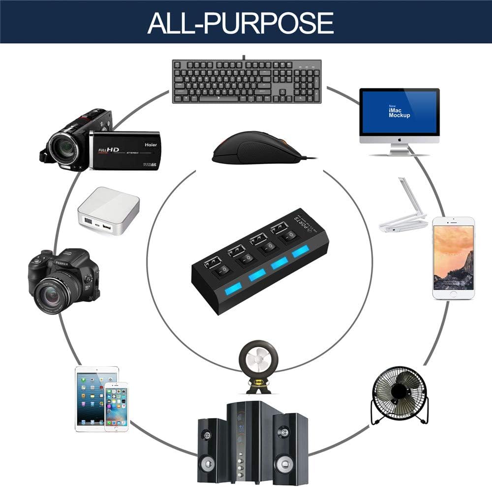 4 Port USB Hub with Individual LED Power Switches,4 Port USB 2.0 Date hub high Speed up to 5Gbps Compatible with PC Laptop and Other Devices …: Computers & Accessories