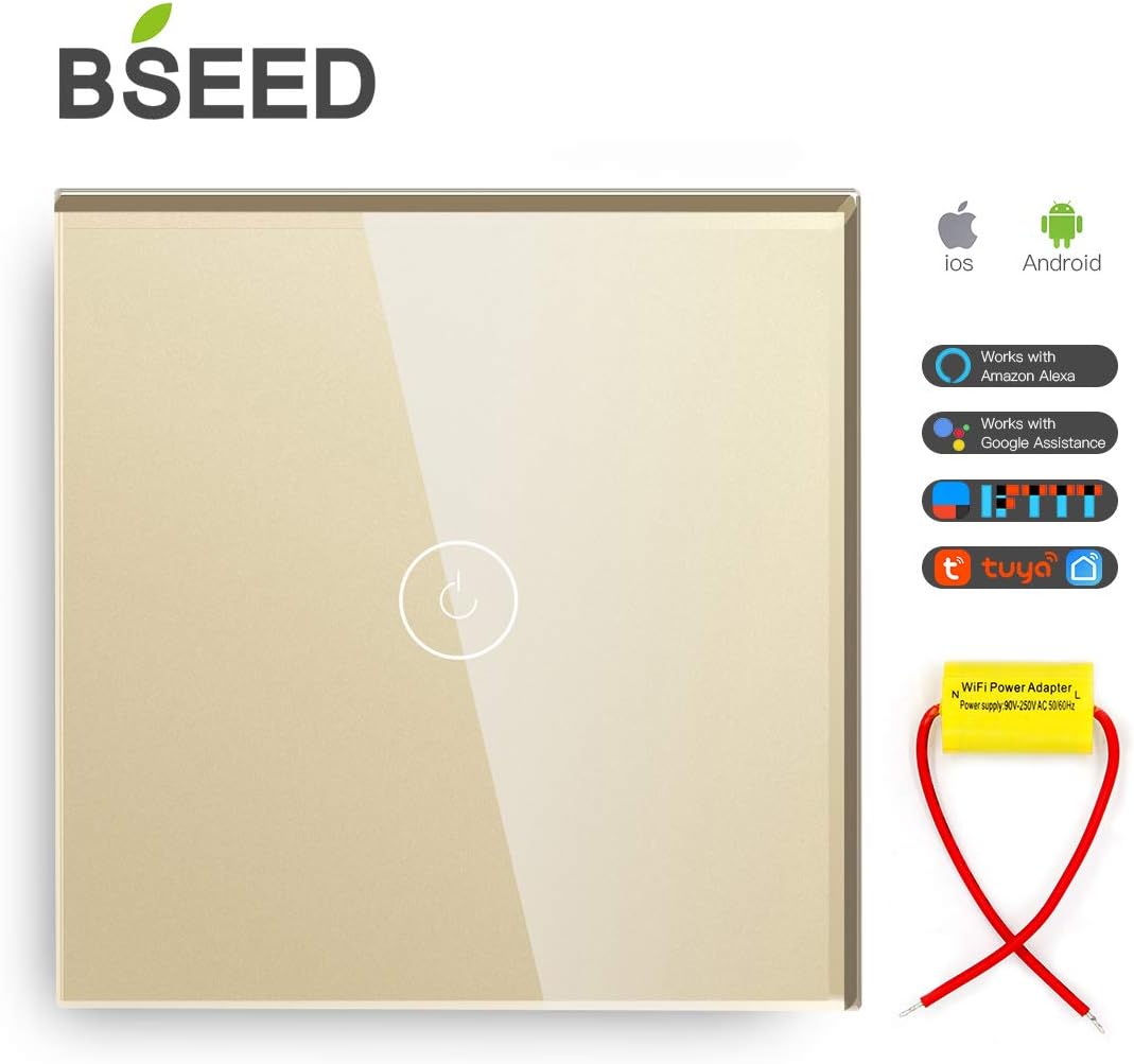 BSEED Smart Light Switch Compatible with Alexa and Google Home,1 Gang 1 Way WiFi Touch Switch Gold, with Smart Life Remote Control and Timing Function(No Hub Required)-No Need Neutral Wire