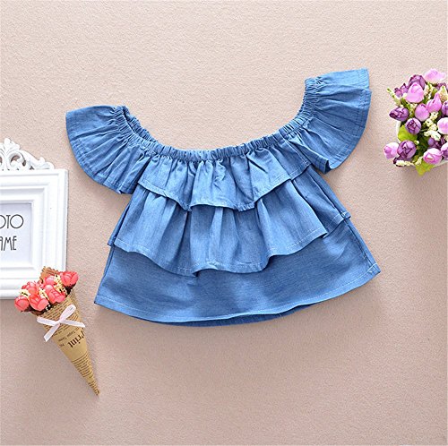 Toddler Girls Off Shoulder Denim Tops+ Dot Print Bellbottoms Outfit Set Size 18-24 Months/Tag90 (Blue)