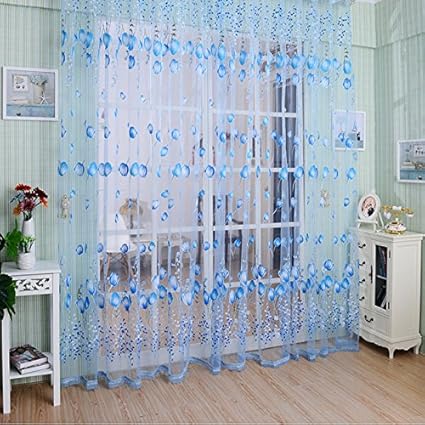 Zibuyu Voile Tulip Flower Sheer Curtain for Window Curtain Door (Blue)