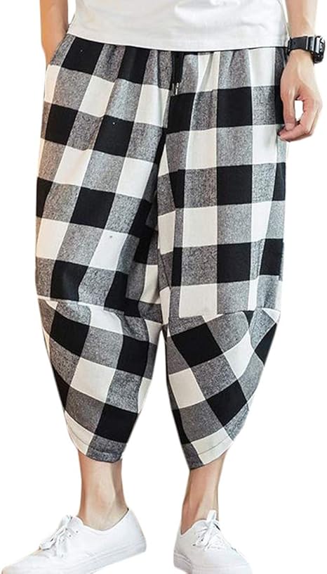 Amazon ｊｑｂｆｌサルエルパンツ メンズ チェック柄 ワイドパンツ 七分丈 クロップドパンツ ゆったり 袴パンツカジュアル 大きいサイズ ズボン 夏 ハーフパンツ ボトムス ミディアムパンツ 通販
