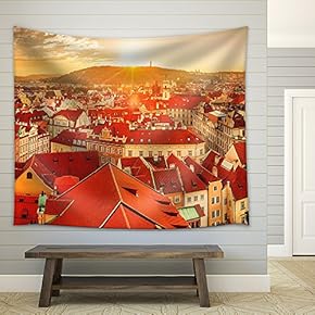 Top View to Red Roofs Skyline of Prague City Czech Republic - Fabric Wall Tapestry Home Decor - 51x60 inches
