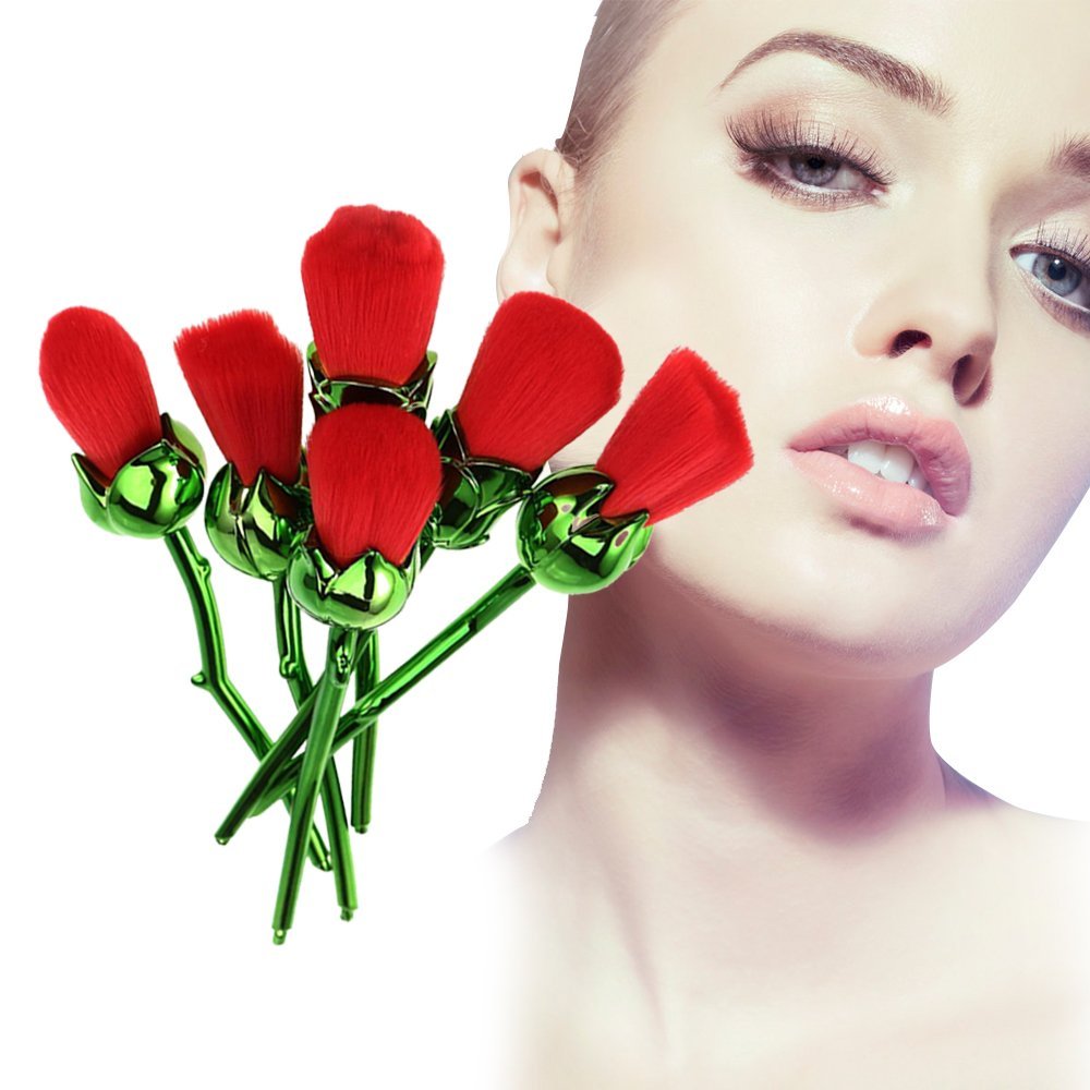 6Pcs Makeup Brush Set, Red Rose-shaped Foundation Blusher Powder Face Cosmetic Tool