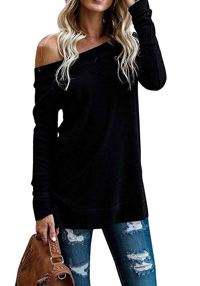 Women\'s Sweaters Off the Shoulder Casual Knit Loose Long Sleeve Pullover Tunic Tops
