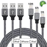 Xcords(TM) 3Pack 3ft 6ft 10ft iPhone Lightning to USB Syncing and Charging Cable Data Cord for iPhone 7/7 Plus/6/6 Plus/6s/6s Plus /5/5s/5c/SE/iPad/iPod and more(Black)