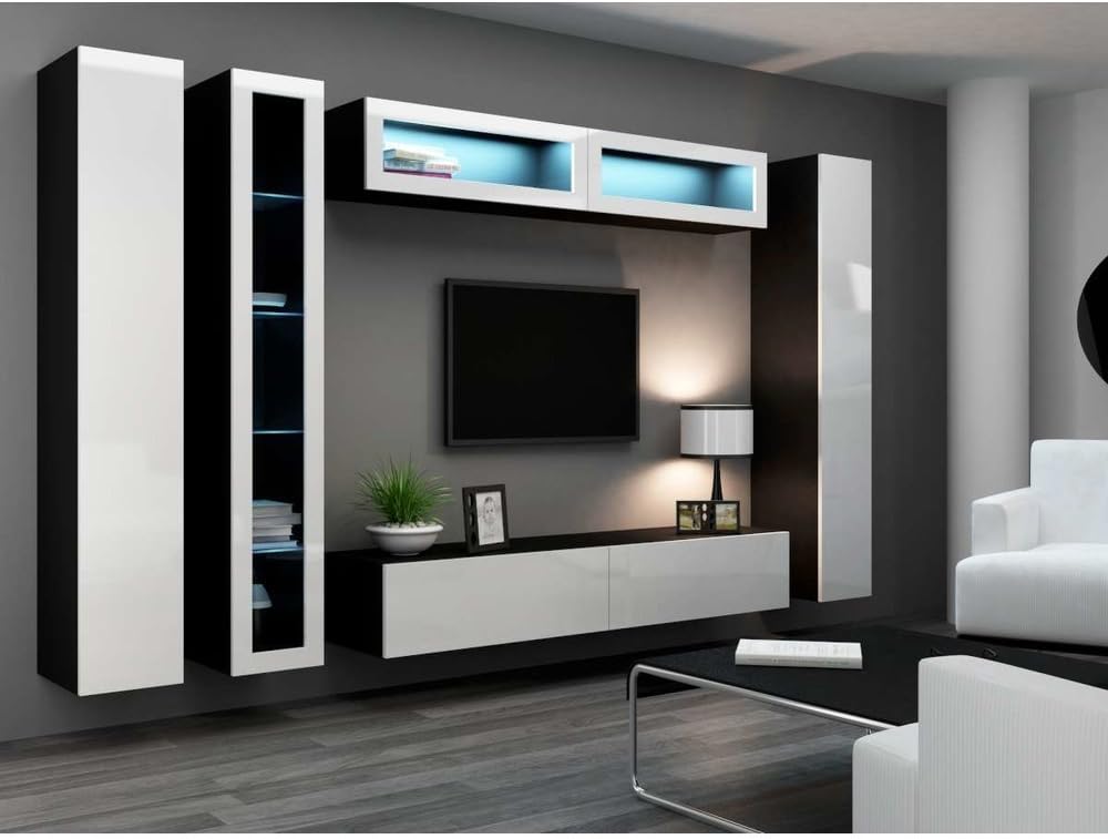 Justhome Set Vigo Vi Living Room Furniture Set Wall Unit Tv Stand Black White Amazon De Kuche Haushalt