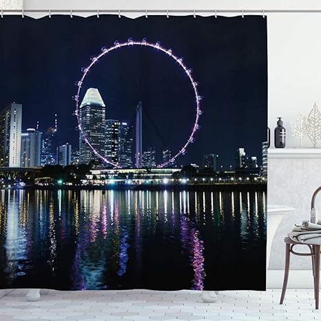 Amazon Kapanou 防水 シャワーカーテン 観覧車夜景街並み高層ビル光海海川港港風景風景 かわいいシャワーカーテン ユニットバス バスルーム 芸術の装飾 180cmx180cm バスフック付き 取り付け簡単 シャワーカーテン ホーム キッチン オンライン通販