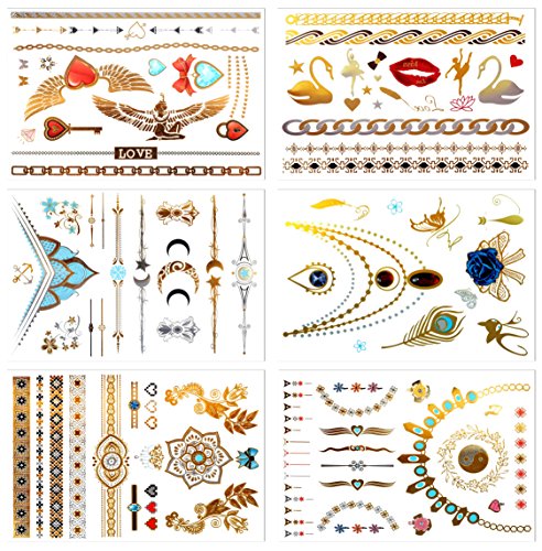 Metallic Temporary Tattoos, PrettyDate 6 Sheets 75+ Designs in Gold Silver Black Sapphire, Fake Glitter Jewelry Tattoos- Bracelets, Necklaces, Wrist, Anklets and Armbands（Jewelry Collection）