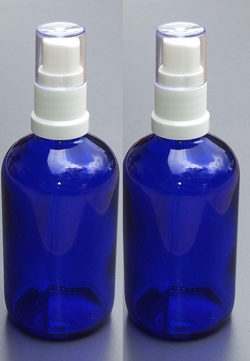 Aquadea Set of 2 Bottles 100ml BLUE GLASS Bottle with WHITE ATOMISER Sprayer - Mist Sprayer - For Essential Oil - Aromatherapy Use - Room Cleaning