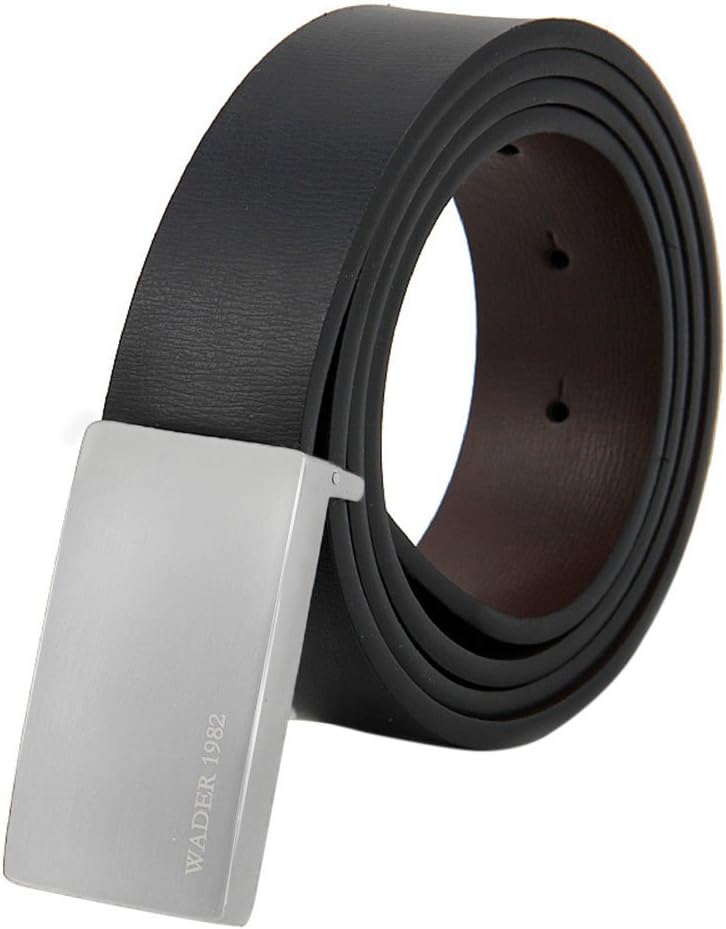 NXY Men’s Designer Buckle Belt Leather Reversible Strap Flat Plaque Male Cowhide Black and Brown