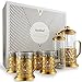 VonShef French Press Coffee Cafetiere Set with Milk Frother and 4 Serving Cups, Stainless Steel, Glass and Gold, 34 Fluid Ounces, 8 Cup Capacity
