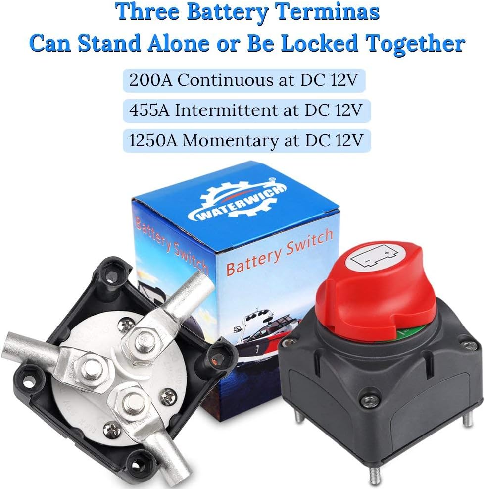 WATERWICH Battery Disconnect Switch Kit 1-2-both-off Isolator Marine Battery Switches 200/1250 Amp Waterproof for Ship Boat Yacht RV Camper Truck Car Vehicle(1-2-Both-Off with 3 Copper Ring Terminal): Automotive