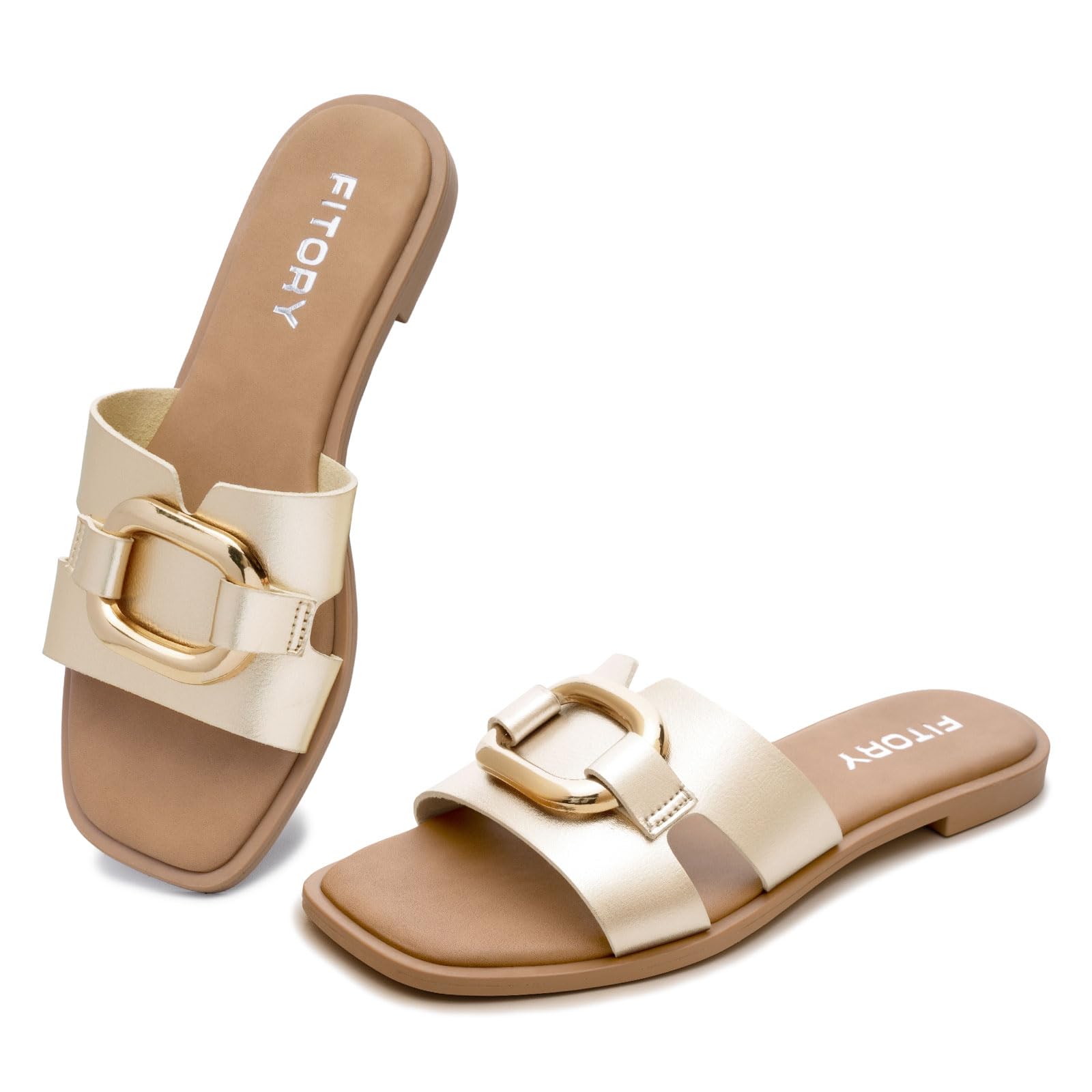 Photo 1 of *See Clerk Notes*
FITORY Women's Flat Sandals Fashion Square Open Toe Slides With Metal Chain Slippers for Summer Size 10 Gold