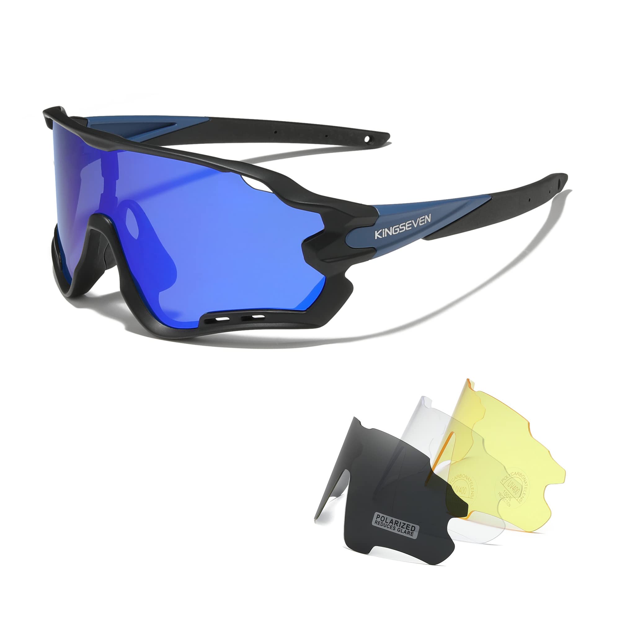 KINGSEVEN Polarized Cycling Glasses for Men Women Bicycle Sports MTB Road Bike Sunglasses with 4 Interchangeable Lenses LS-911 (Dark Blue)