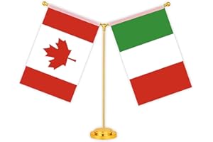 Italy Canada Combo Desk Small Flag Set,5×8 Inch Italian Canadian Mini Desktop table Banner,12 inch Metal Solid Pole Decor,Tin