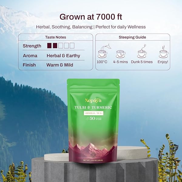 NEPAYA HERBAL TEA BAGS, 50 BIODEGRADABLE PYRAMID TEABAGS, CAFFEINE-FREE TULSI & TURMERIC HERBAL TEA WITH CINNAMON & BLACK PEPPER FLAVORS, FLORAL RELAXATION BLEND, PREMIUM HERBAL TEA BAGS, HOT OR ICED