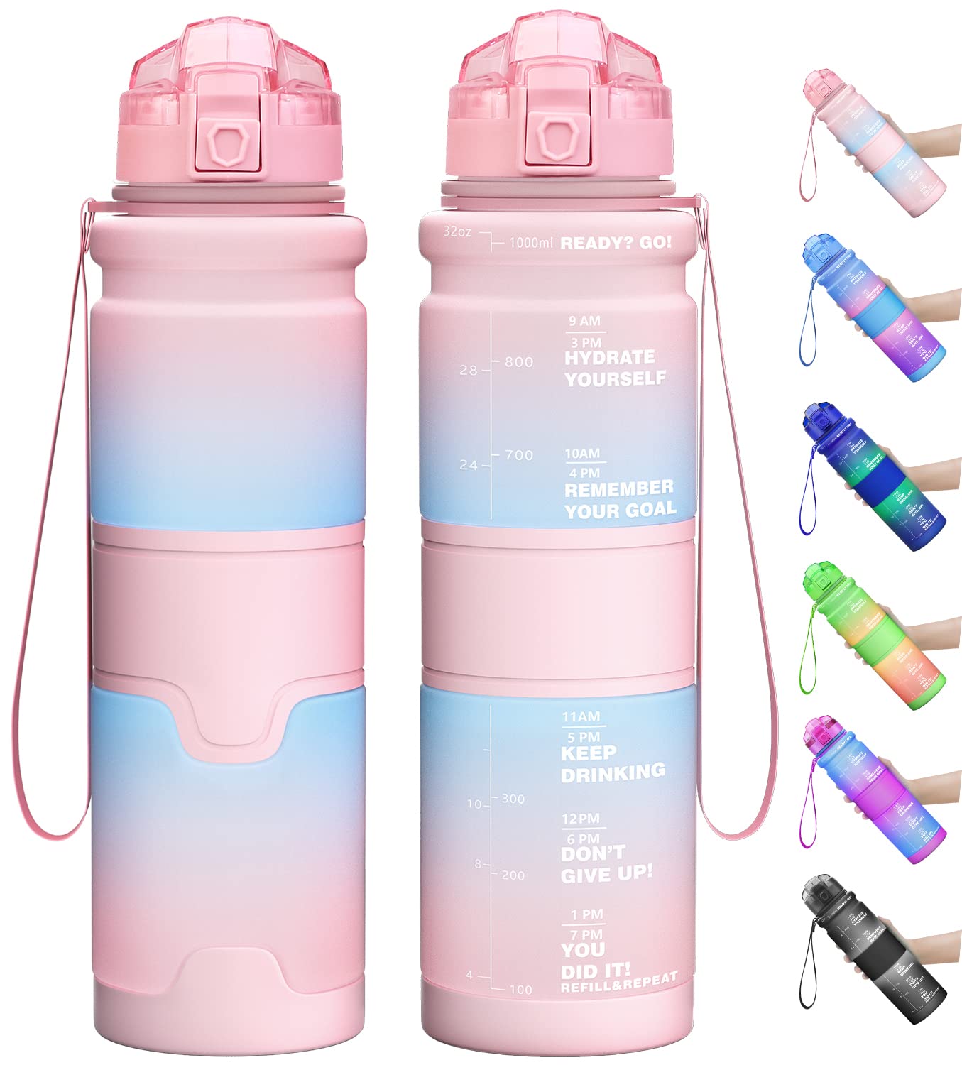 Lunidry 1 Litre Water Bottle, 500ml Kids Water Bottle for School, BPA Free Leakproof Motivational Plastic Drink Bottles with Time Markings, 1l Sports Water Bottles for Running, Gym, Mens