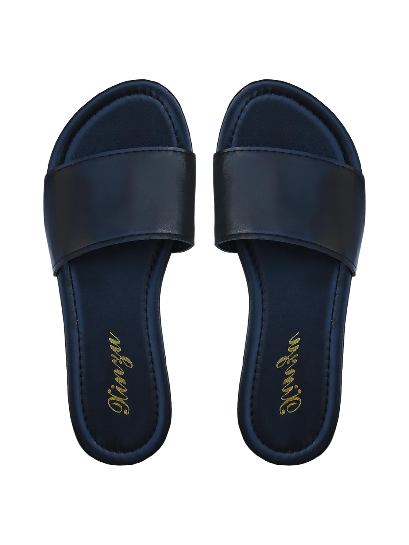 Photo 1 of GORGLITTER PU Leather Flat Sandals Open Toe Slip On Slides Sandals Black CN38