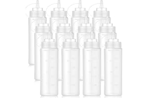 Bekith 12 Pack 16 Oz Plastic Squeeze Condiment Bottles with Twist On Cap Lids and Discrete Measurements, Wide Mouth Empty Squ