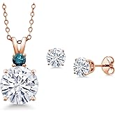 Gem Stone King 18K Rose Gold Plated Silver Round White Moissanite and Blue Diamond Pendant and Earrings Jewelry Set For Women (5.15 Cttw, Gemstone Birthstone, with 18 Inch Chain)