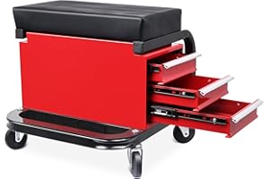 Toolly Mechanic Stool with Wheels, Creeper Seat with 3 Drawers and Cupholder, Rolling Shop Stool Tool Box Chair for Garage an
