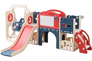Lovgrils 12 in 1 Toddler Outdoor Playset with Swing, Indoor Swing and Slide Set Playground for Toddlers 1-3, Durable Climber Basketball Hoop Ball Toddler Indoor Playset for Home Playground - Red Blue