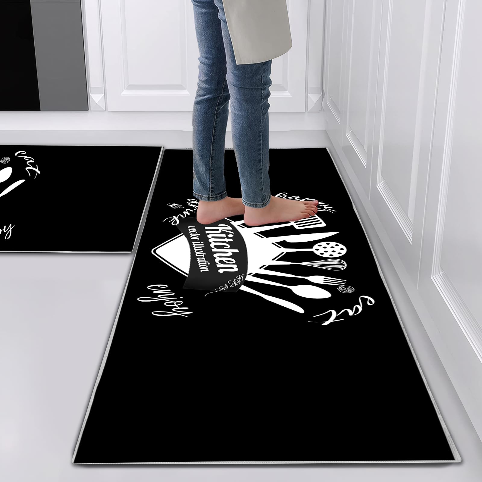 Kitchen Rug Set 2 Pieces Non Slip and Anti Fatigue Kitchen Mat Set, Washable Kitchen Floor Mat For Kitchen ,Standing Mats for Office Home Decoration Indoor Outdoor (Kitchen-black, 40x60cm+40x120cm)