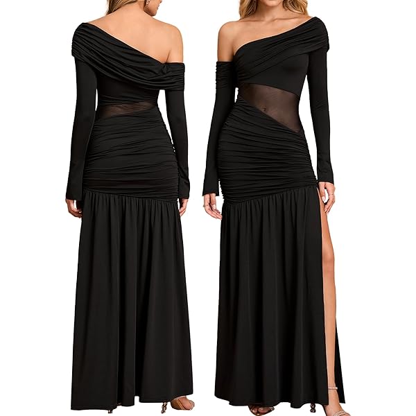 off the shoulder high slit maxi dress in black Off-shoulder Backless Ruffle Thigh High Split Maxi Dress main image 1