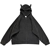 Cuteighteen Womens Fleece Hoodie Zip Up Sweatshirt Cute Devil Horn Harajuku Kawaii Long Sleeve Top Coat Hooded Jacket