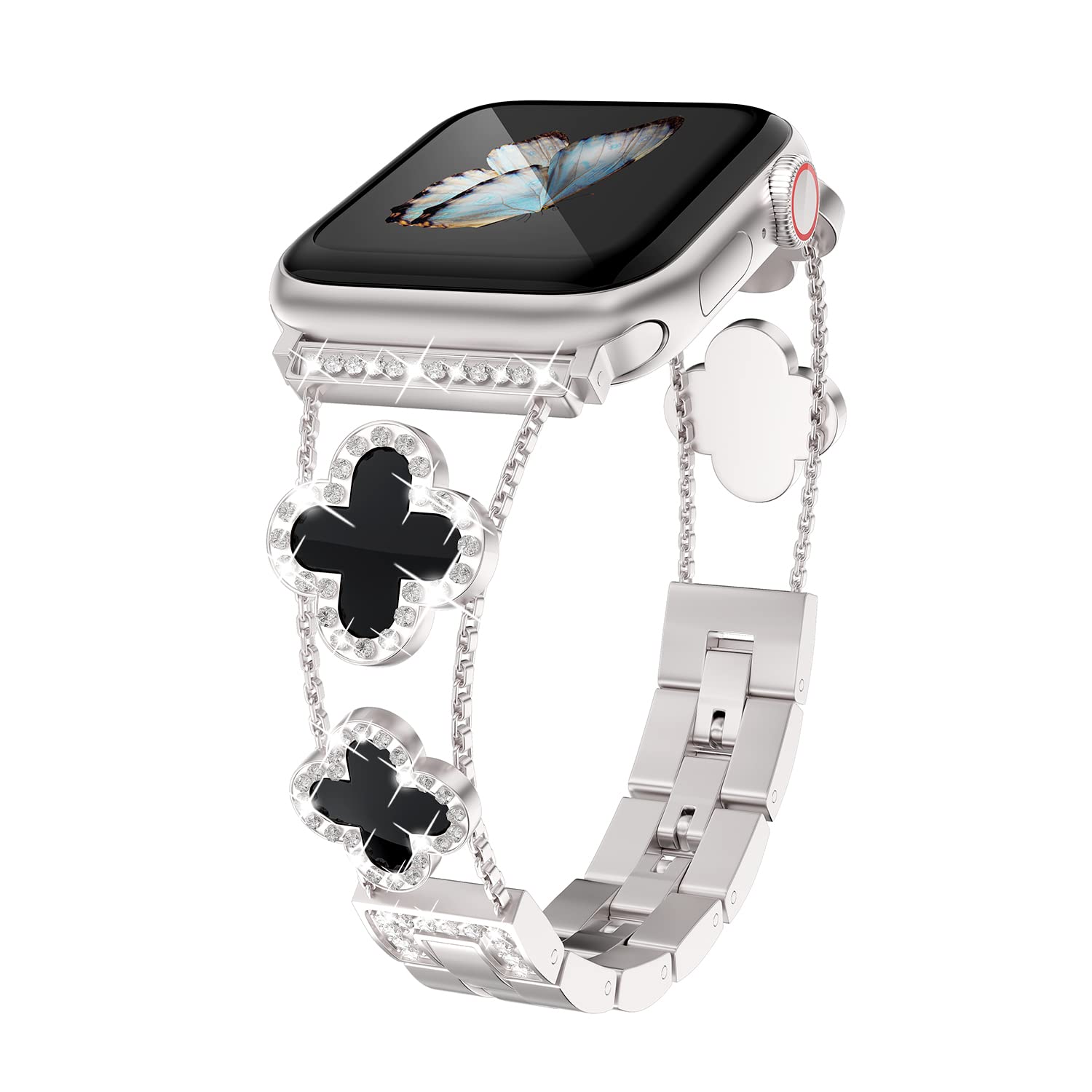 Replacement Straps for Apple Watch 44mm 38mm, Bling Women Crystal Rhinestone Adjustable Stainless Steel Four Leaf Clover Metal Bracelets for iWatch Series SE 7 8 6 5 4 3 2 1
