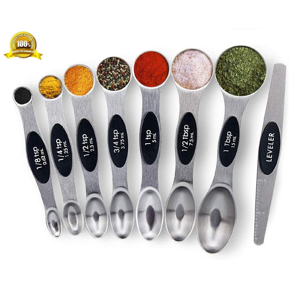 Measuring Spoons with Strong Magnets, Set of 8 Stainless Steel Measuring Spoons with Leveler, Double-Ended Metal Teaspoon and Tablespoon for Dry and Liquid Ingredients (Black)