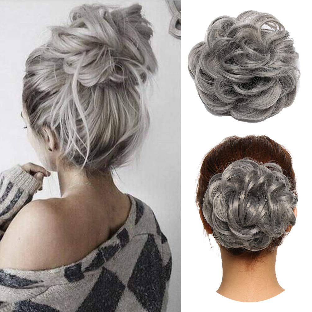 Messy Hair Bun Hair-Scrunchies Extension Curly Wavy Thick Synthetic Chignon for women Updo Hairpiece Ponytail HairAccessories Dark Grey