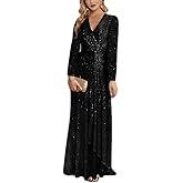 meilun Long Sleeve Sequin Dress for Women Formal Gowns Sparkly V Neck Maxi Dress