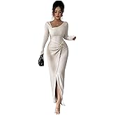 FOTKLAX Women's Long Sleeve Maxi Bodycon Dresses Elegant Semi Formal Cocktail Knit Body Con Asymmetrical Weddding Guest