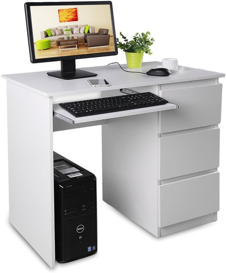 OHholly Escritorios, Mesas para ordenador con tres cajones grandes, y una bandeja de teclado
