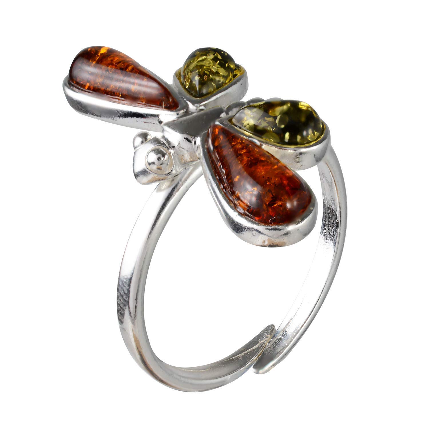 HolidayGiftShops Sterling Silver and Baltic Green and Honey Amber Adjustable Dragonfly Ring