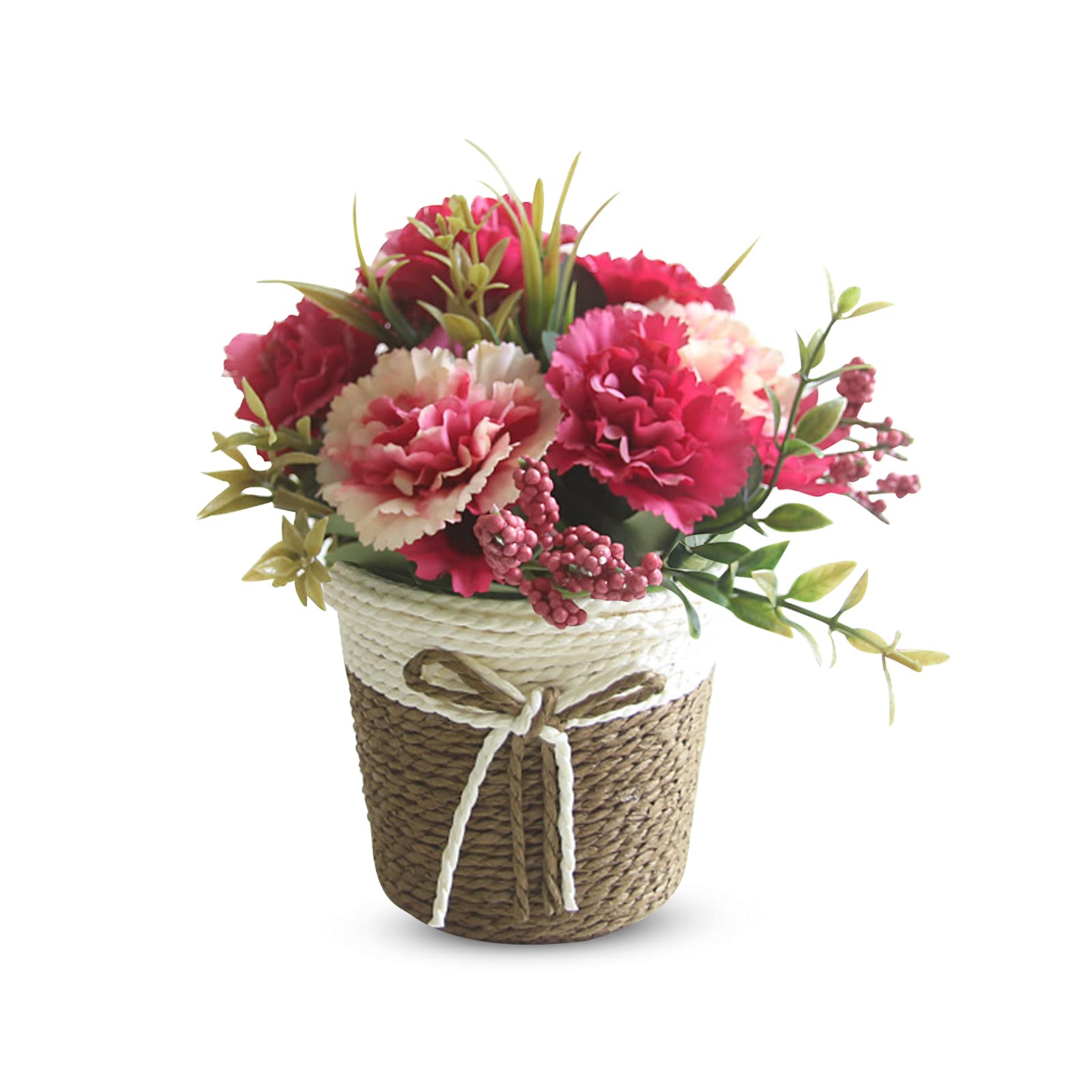 YngFfb Artificial Flowers Bonsai, Imitation Flowers Plants, Plastics Mini Artificial Flower Plant with Rattan Pot for Home, Wedding Party, Office, Centerpieces Decoration(Red)