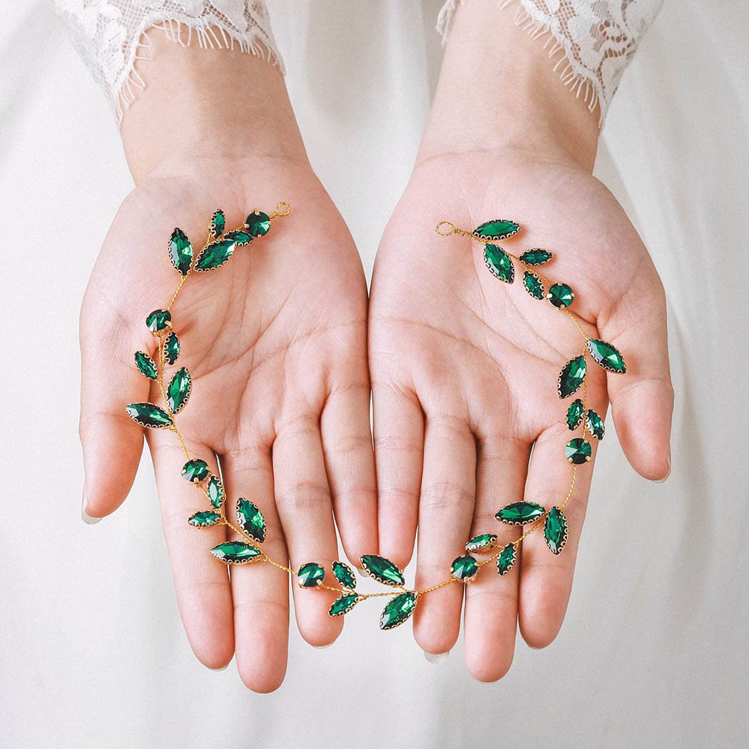 IYOU Crystal Wedding Hair Vine Green Rhinestone Headband Prom Bridal Hair Accessories for Bride and Bridesmaids