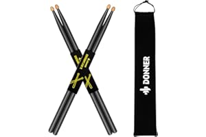 Donner Drum Sticks, 7A Snare Drumsticks for Drums Classic Maple Wood Drum Sticks 2 Pair with Carrying Bag Black
