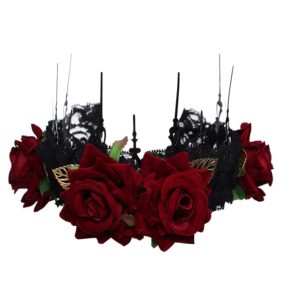 Women Rose Flower Red Headband Punk Gothic Crown Hair Band (Red)