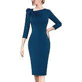 VFSHOW Womens Pleated Asymmetric Bow Neck Work Business Office Pencil Dress | 3/4 Sleeve, Elegant Cocktail Party, Church, Funeral, Slim Professional Career Bodycon Sheath Dresses