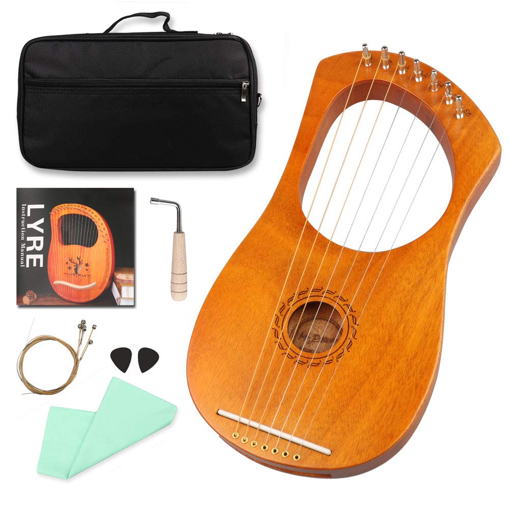 Mr.Power Metal String Lyre Harp Ancient Greece Style Harps with Tuning Wrench, Extra String Set, Cleaning Cloth, Black Carry Bag (7 String, Natural Wood)