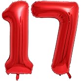 Red 17 Number Balloons,40 Inch 17 Balloons Foil Mylar Helium Big Red 17 Balloon Number for Birthday Party Anniversary Decorations