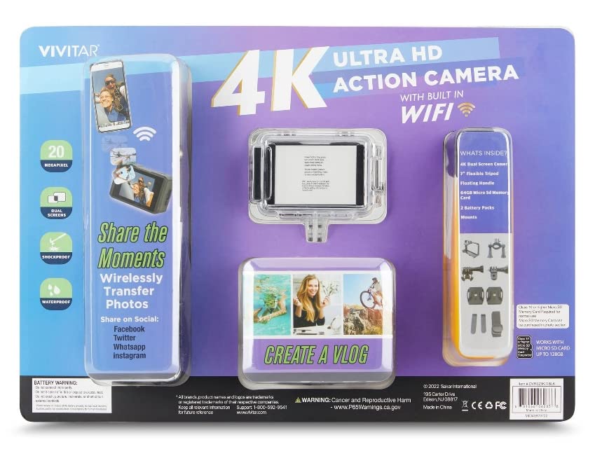 Vivitar 4K Ultra HD Action Camera Bundle Dual Screens, WiFi, 64GB SD, 2