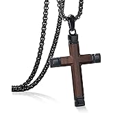 GTMJ Cross Necklace for Men -Stainless Steel & Wood Adjustable Box Chain 24-26in, Spiritual Jewelry Gift for Him, Everyday Wear