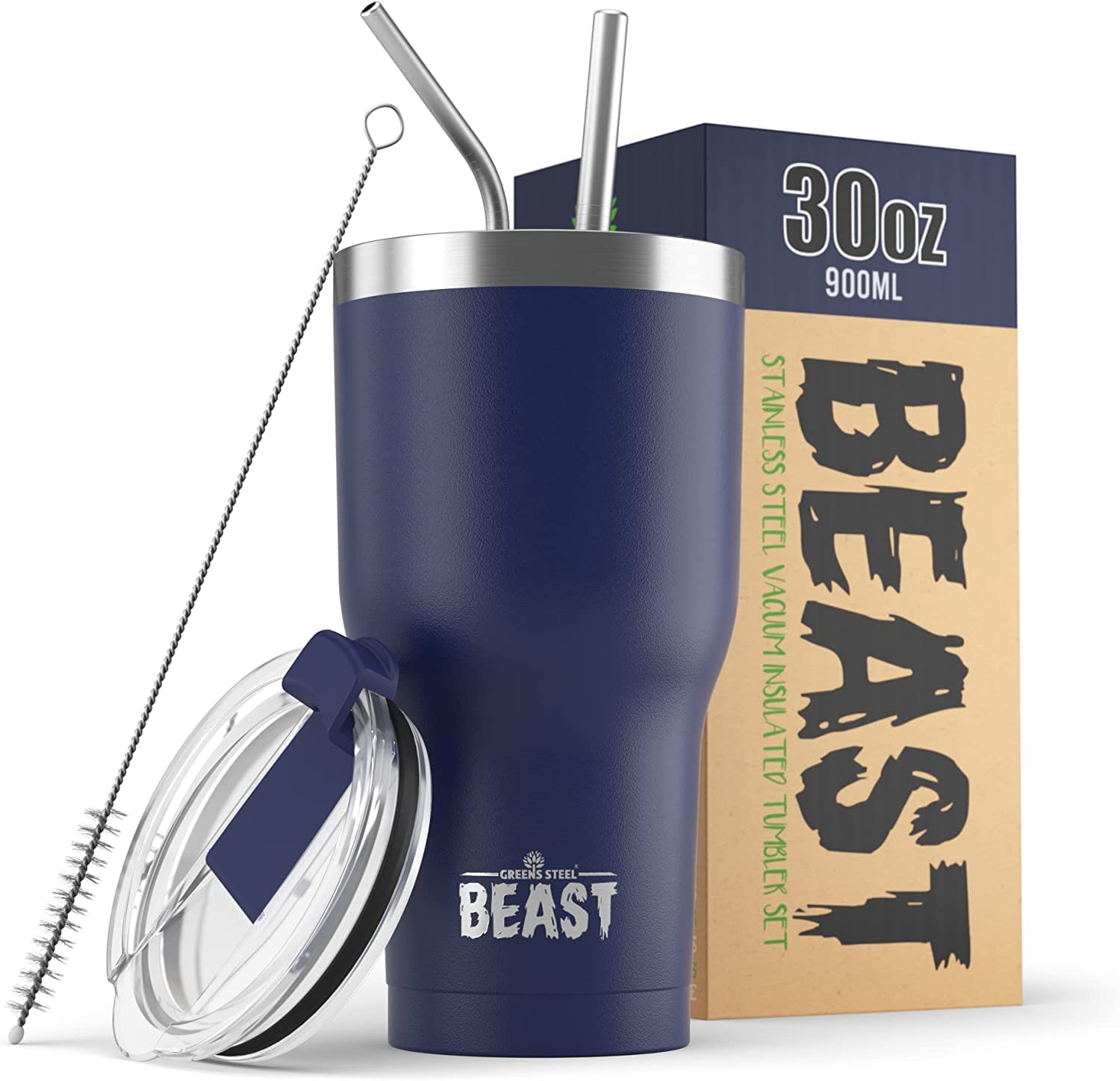 Beast Tumbler - 900 ml (30 oz), Royal Blue | Reusable Stainless Steel, Vacuum Insulated Cup | with + 2 Straws & Cleaning Brush | Double Wall Travel Flask Perfect for Hot or Iced Coffee | BPA Free